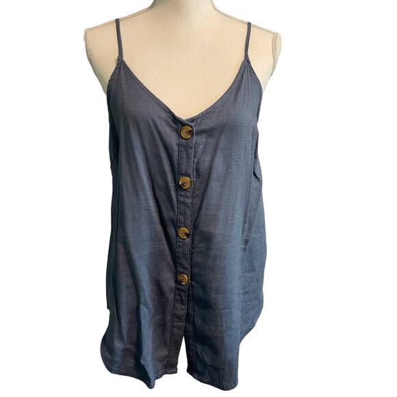 Vintage Inspired Impressions Blue Linen Camisole Blouse Tortoiseshell Buttons L - Picture 2 of 6